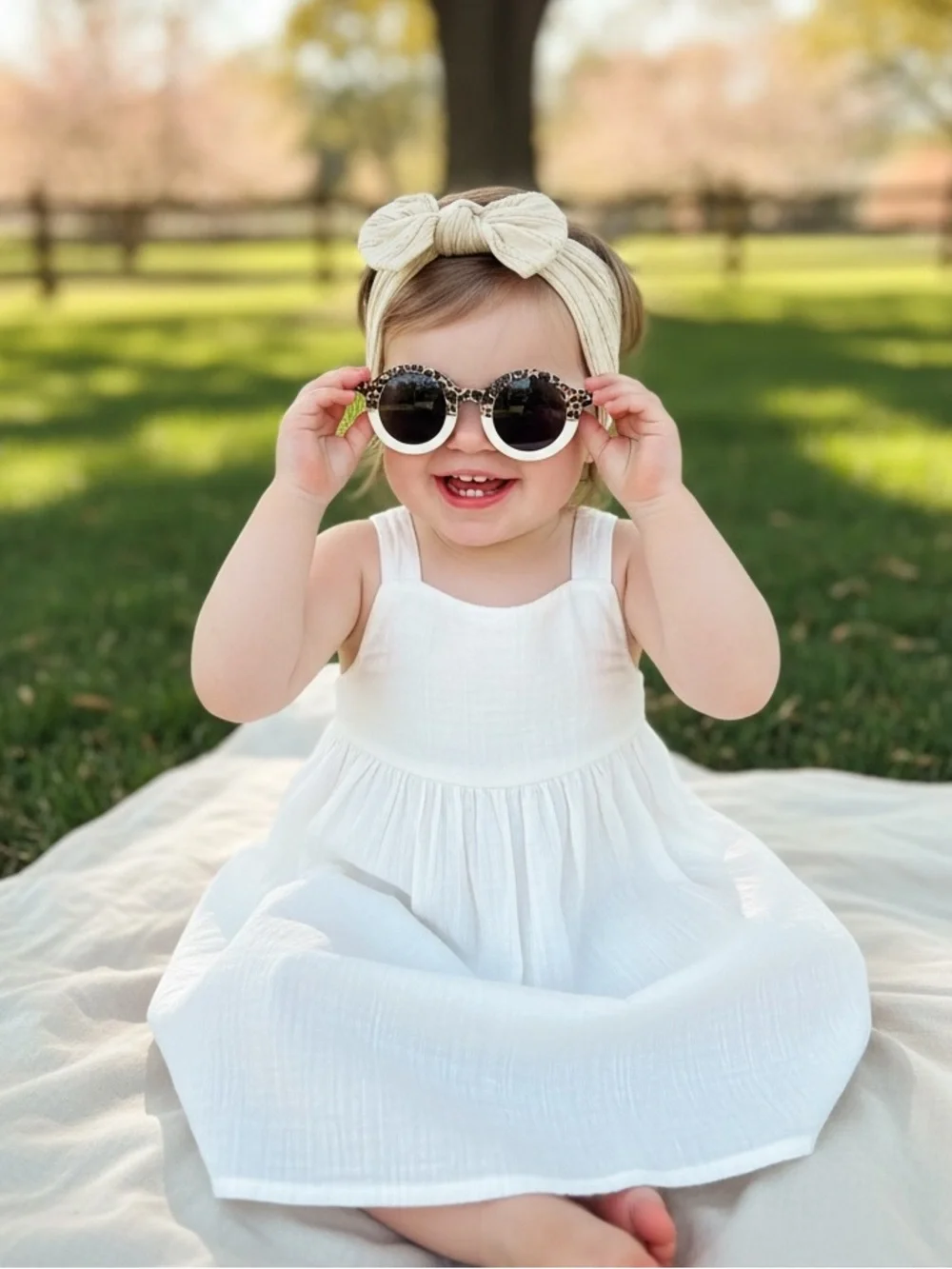 Kids Cream Bow Headband - And Leopard Retro Style prints Sunglasses Set